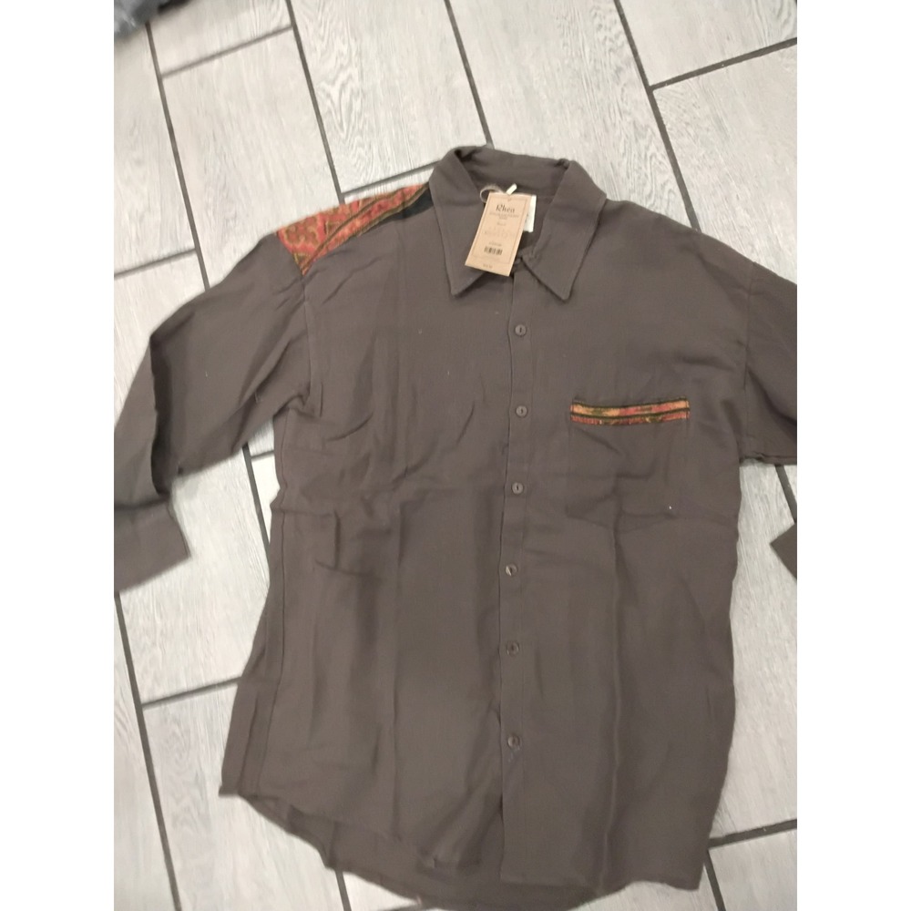 Rhea Brown Cotton Button Down Shirt Bohemian Tapestry Detail Mens Large LT232120